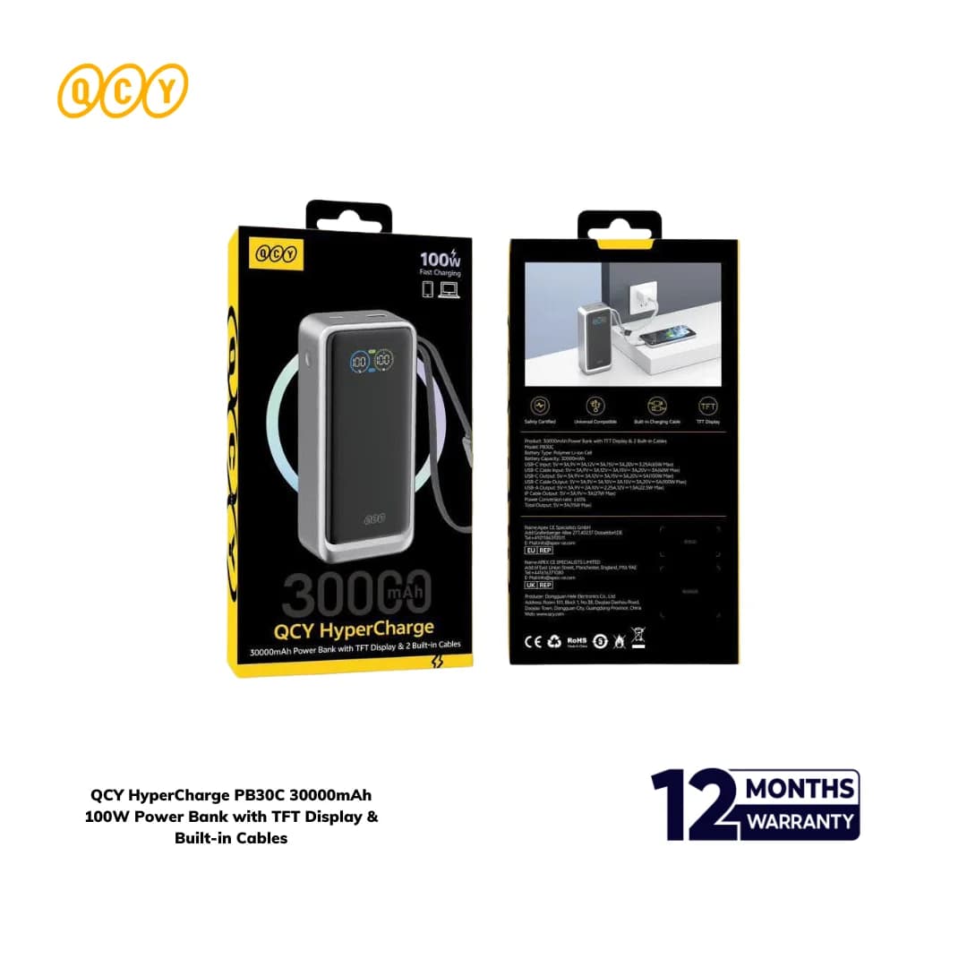 QCY HyperCharge PB30C 30000mAh 100W Power Bank with TFT Display & Built-in Cables