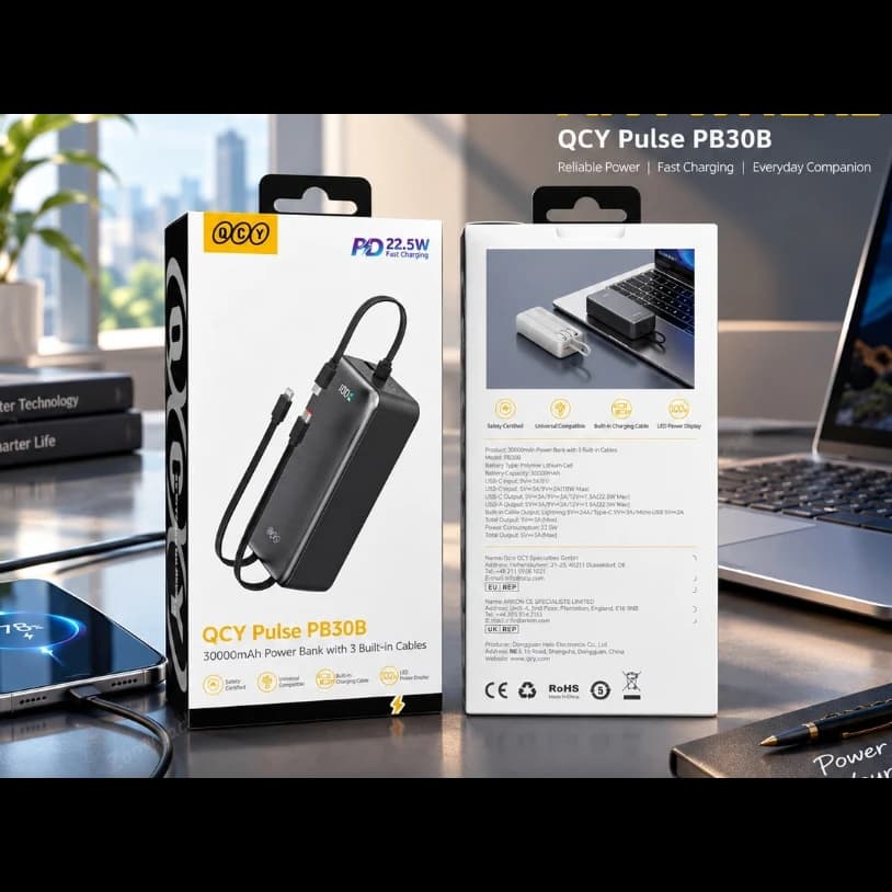 QCY Pulse PB30B 30000mAh Power Bank with 3 Built-in Cables