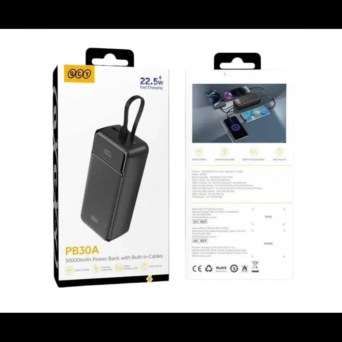 QCY Pulse PB30A 30000mAh Power Bank with Built-in Cables